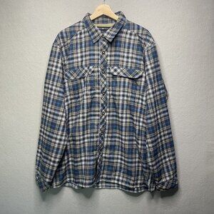 Exofficio Mens XL Blue & White Plaid Button-Up Shirt With Zipper Pocket Hiking